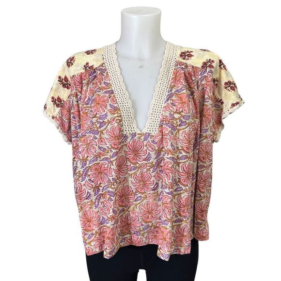 Free People Leilani Crop Print Top Ivory Tea Combo Size Large‎ Crochet Trim - Picture 1 of 8
